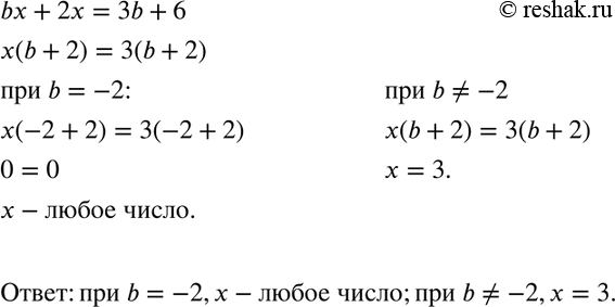 Изображение Какие случаи надо выделить при решении уравнения bх + 2х = = 3b + 6 с параметром b? Найдите корни уравнения в каждом из этих...