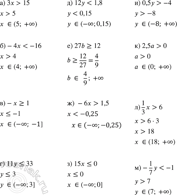 Изображение Решите неравенство:  а) 3x > 15;		  б) -4x = 1;		  г) 11у =< 33;		  д) 12у < 1,8;  е) 27b >= 12;  ж) -6х > 1,5;  з) 15х  -4;  к) 2,5а > 0;  л) 1/3*х>6;  м) -1/7*y <...