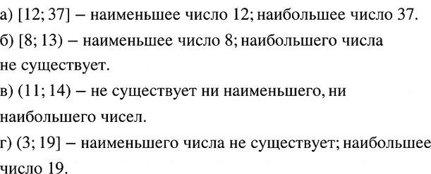 Изображение Укажите, если это возможно, наименьшее и наибольшее числа, принадлежащие промежутку:  а) [12; 37]; б) [8; 13); в) (11; 14); г) (3;...