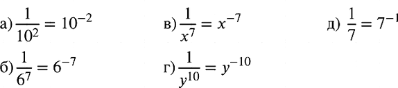 Изображение Замените дробь степенью с отрицательным показателем:  а) 1/10^2;  б) 1/6^7;  в) 1/x7;   г) 1/y10;  д)...