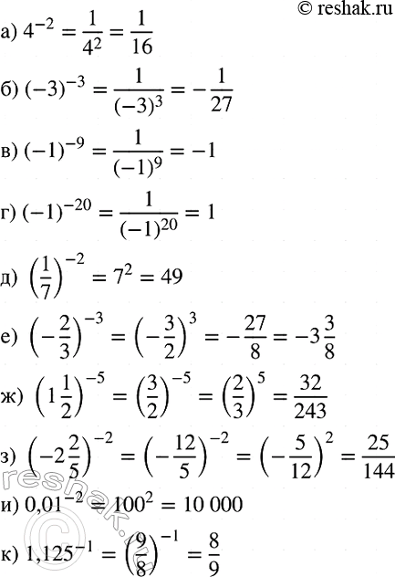 Изображение Вычислите:  а) 4^-2;  б) (-3)^-3;  в) (-1)^-9;  г) (-1)^-20;  д) (1/7)^-2;  е) (-2/3)^-3;  ж) (1*1/2)^-5;   з) (-2*2/5)^-2;  и) 0,01^-2;  к)...