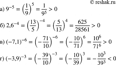 Изображение Сравните с нулём значение степени:  а) 9^-5;   б) 2,6^-4;   в) (-7,1)^6;   г)...