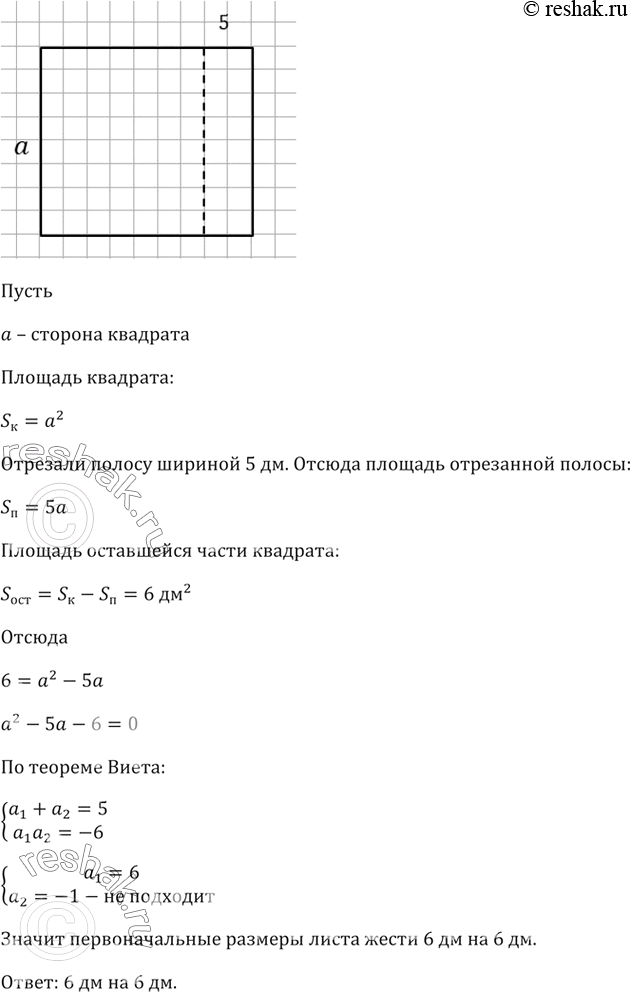 Изображение Лист жести имеет форму квадрата. После того как от него отрезали полосу шириной 5 дм, площадь...