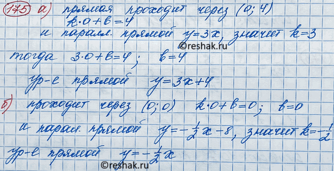 Изображение Напишите уравнение прямой: а) проходящей через точку (0; 4) и параллельной прямой у = 3x; б) проходящей через начало координат и параллельной прямой у = -1/2*х -...