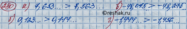 Изображение Сравните:  а) 7,653... и 7,563...;	  б) 0,123... и 0,114...;	  в) -48,075... и -48,275...;  г) -1,444... и -1,456......