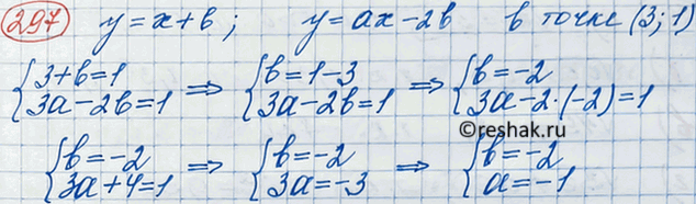 Изображение При каких значениях а и b графики функций у = х + b и у = ах - 2b пересекаются в точке (3;...