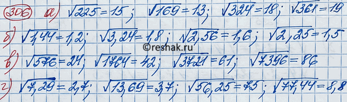 Изображение Пользуясь таблицей квадратов натуральных чисел, найдите:  а) корень 225, корень 169, корень 324,...