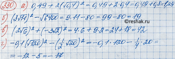 Изображение Вычислите:  а) 0,49+ 2 (корень 0,4)2;	  б) (3 корень 11)2 - корень 6400;	  в) (2 корень 6)2 + (-3 корень 2)2;  г) -0,1 ( корень 120)2 - (1/2 корень...