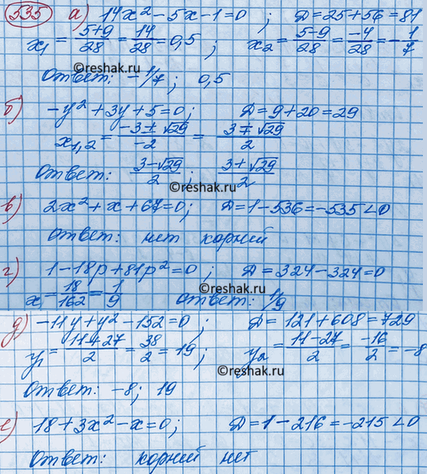 Изображение Решите уравнение:  а) 14х2 - 5х - 1 = 0;	  б) -у2 + 3у + 5 = 0;	  в) 2х2 + х + 67 = 0;	  г) 1 - 18p + 81р2 = 0;  д) -11у + у2 - 152 = 0;  е) 18 + Зх2 - х =...