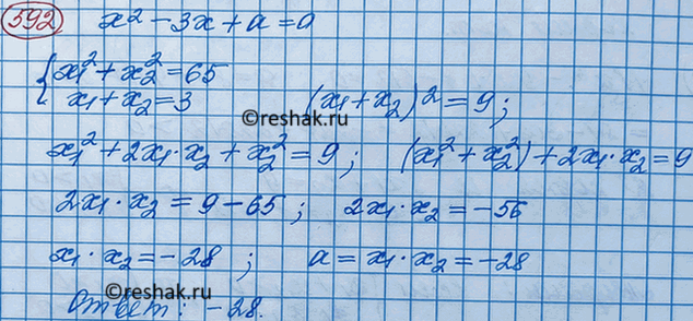 Изображение , Известно, что сумма квадратов корней уравнения х2 - 3х +а = 0 равна 65. Найдите...