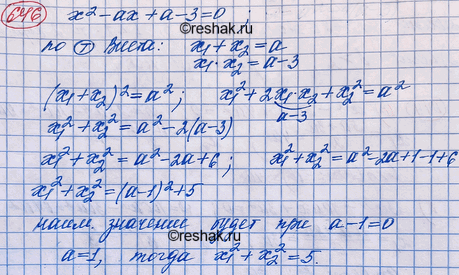 Изображение Выясните, при каких значениях параметра а сумма квадратов корней уравнения  x2 - ах + а - 3 = 0 принимает наименьшее значение, и найдите это...
