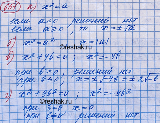 Изображение Решите относительно х уравнение:  а) x2 = а;	  б) x2 = а2;	  в) х2 + 4b = 0;  г) х2 + 9b2 =...