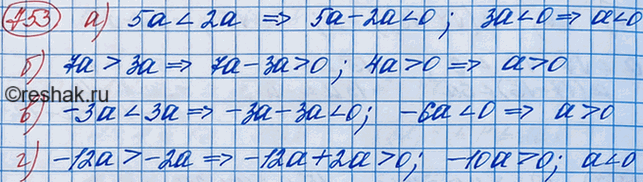 Изображение Каков знак числа а, если известно, что:  а) 5а < 2а;   б) 7а > 3а;   в) -3а < 3а;   г) -12а >...