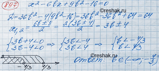 Изображение При каких значениях b уравнение х2 - 6bх + 9b2 - 16= 0 имеет два отрицательных...