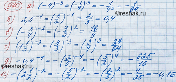 Изображение Вычислите:  а) (-4)^-3;   б) 2,5^-1;   в) (-3/4)^-2;  г) (1*1/3)^-3;   д) -0,4^-4;  е)...