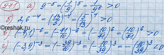Изображение Сравните с нулём значение степени:  а) 9^-5;   б) 2,6^-4;   в) (-7,1)^6;   г)...