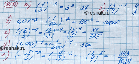 Изображение Вычислите:  а) (1/3)^-3;   б) (3/4)^-1;  в) 0,01^-2;  г) (1*2/3)^-4;   д) 0,002^-1;  е)...