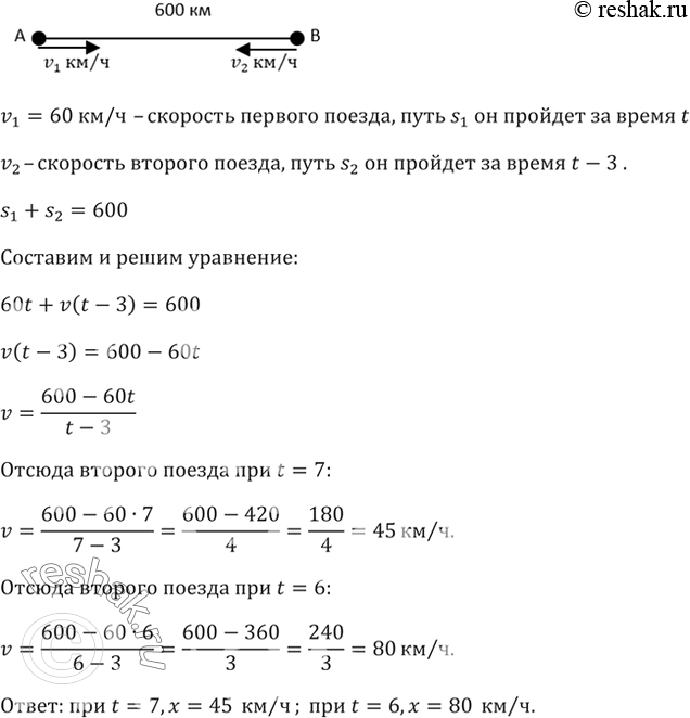 Изображение Расстояние между городами А и В равно 600 км. Первый поезд вышел из А в В и шёл со скоростью 60...