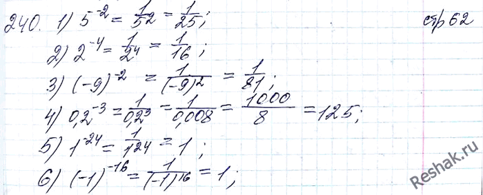 ����������� 240. ���������:1) 5^-2;2) 2^-4;			3) (-9)^-2;4) 0,2^-3;5) 1^-24;6) (-1)^-16;7) (-1)^-17;8) (7/8)0;9) (2/3)^-3;10) (-1...