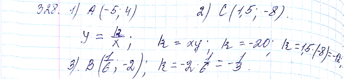 ����������� 328. ������� �������� k, ��� ������� ������ ������� � = k/x �������� ����� �����:1) A (-5;4);	2) B (1/6;-2);	3) �...