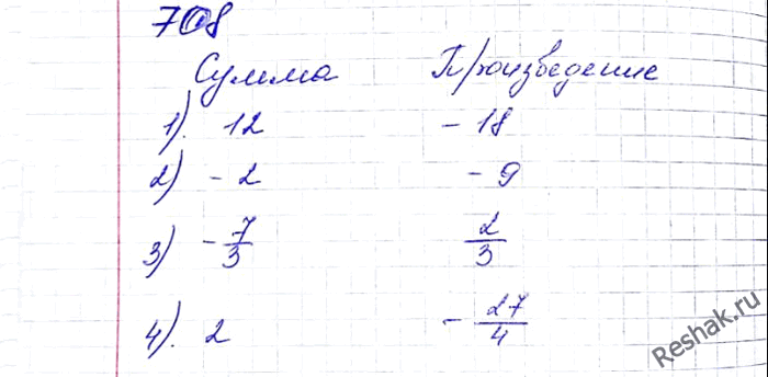  708.   ,      :1) x2 + 12x - 18 = 0; 2) x2 + 2x - 9 = 0; 3) x2 + 7x + 2 = 0;4) -4x2 - 8x + 27 =...