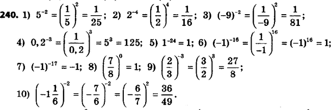 ����������� 240. ���������:1) 5^-2;2) 2^-4;			3) (-9)^-2;4) 0,2^-3;5) 1^-24;6) (-1)^-16;7) (-1)^-17;8) (7/8)0;9) (2/3)^-3;10) (-1...