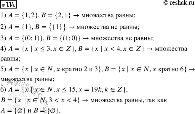 Изображение 1.14. Равны ли множества A и B:1) A={1,2},B={2,1}; 2) A={1},B={{1}}; 3) A={(0;1)},B={(1;0)}; 4) A={x | x?3,x?Z},B={x |...