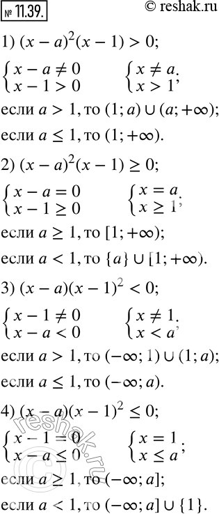 Изображение 11.39. Для каждого значения параметра a решите неравенство:1) (x-a)^2 (x-1)>0; 2) (x-a)^2 (x-1)?0; 3) (x-a)...