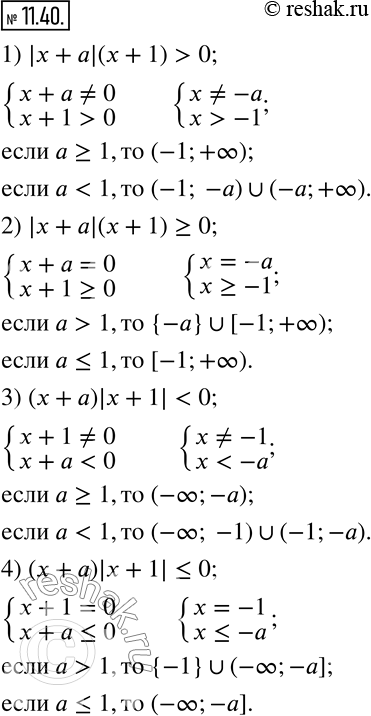 Изображение 11.40. Для каждого значения параметра a решите неравенство:1) |x+a|(x+1)>0; 2) |x+a|(x+1)?0; 3)...