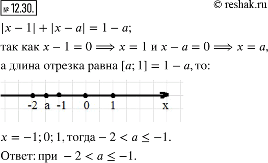 Изображение 12.30. При каких значениях параметра a множество корней уравнения |x-1|+|x-a|=1-a содержит три целых числа?    ...