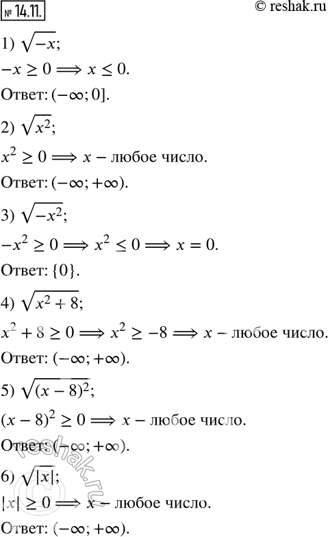 Изображение 14.11. Найдите область определения выражения:1) v(-x);     2) v(x^2 );     3) v(-x^2 ); 4) v(x^2+8);  5) v((x-8)^2 ); 6) v(|x| ).   ...