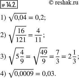 Изображение 14.2. Найдите значение арифметического квадратного корня:1) v0,04;  2) v(16/121);   3) v(5 4/9);   4) v0,0009.     ...