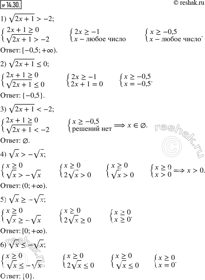 Изображение 14.30. Решите неравенство:1) v(2x+1)>-2;       2) v(2x+1)?0;        3) v(2x+1)-vx;           5) vx?-vx;           6) vx?-vx.   ...