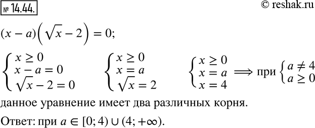 Изображение 14.44. При каких значениях параметра a уравнение (x-a)(vx-2)=0 имеет два различных корня?...