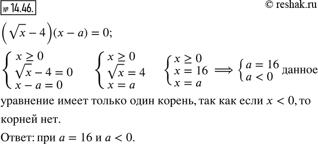 Изображение 14.46. При каких значениях параметра a уравнение (vx-4)(x-a)=0 имеет только один корень? ...