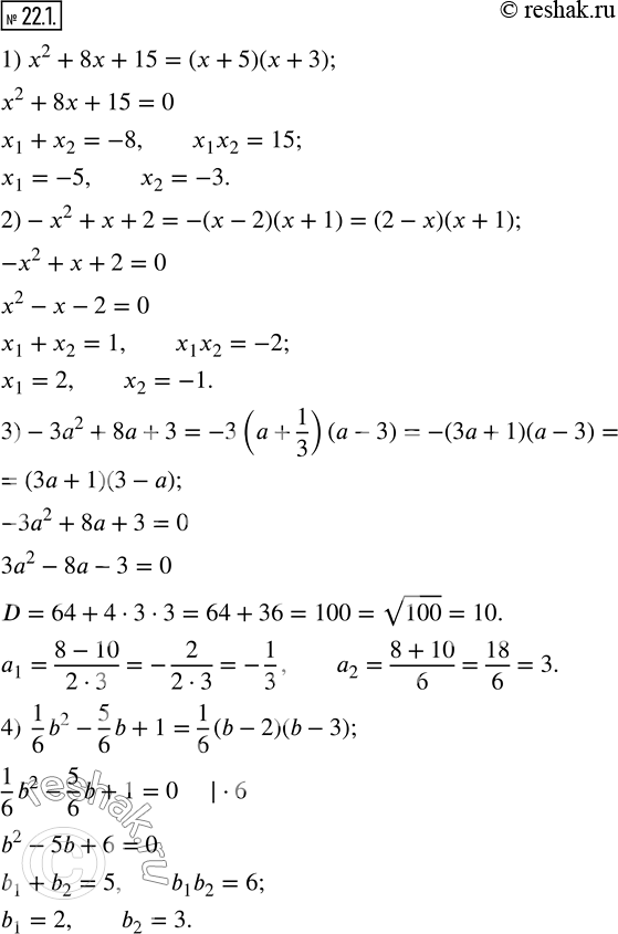 Изображение 22.1. Разложите на линейные множители квадратный трехчлен:1) x^2+8x+15;            2)-x^2+x+2;           3)-3a^2+8a+3; 4)  1/6 b^2-5/6 b+1;     5) 0,4x^2-2x+2,5;    ...