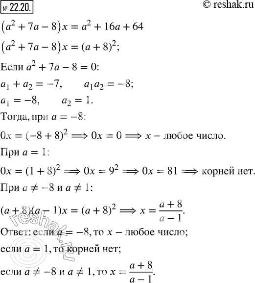 Изображение 22.20. Для каждого значения параметра a решите уравнение  (a^2+7a-8)x=a^2+16a+64.    ...