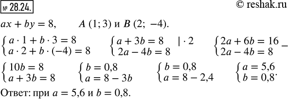 Изображение 28.24. При каких значениях a и b график уравнения ax+by=8 проходит через точки A (1;3) и B...