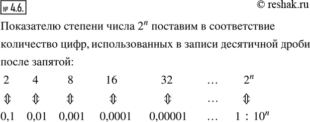 Изображение 4.6. Установите взаимно однозначное соответствие между множеством чисел вида 2^n (n ? N) и множеством десятичных дробей вида 0,1; 0,01; 0,001; ......