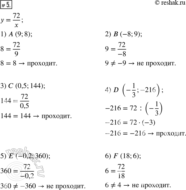  5. ,     y=72/x  :1) A (9;8); 2) B (-8;9); 3) C (0,5;144); 4) D (-1/3;-216); 5) E (-0,2;360); 6) F...