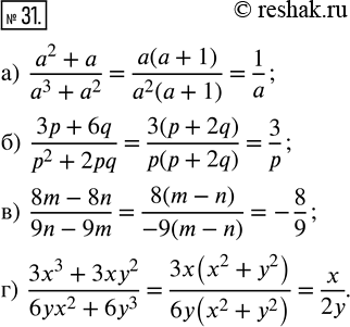  31.  :) (a^2+a)/(a^3+a^2); ) (3p+6q)/(p^2+2pq); ) (8m-8n)/(9n-9m); ) (3x^3+3xy^2)/(6yx^2+6y^3). ...
