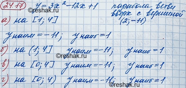 ����������� 22.17. ������� ���������� � ���������� �������� ������� � = 3�2-12�+ 1:�) �� ������� [1; 4];	�) �� ������������� (1; 4]; �) �� ������� [0; 4];�) �� �������������...