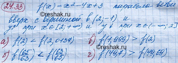 ����������� 22.33. ���� ������� � = f(x), ��� f(x) = �2 - 4� + 3. ��������: �) f(2) � f(2,0137);	�) f(65/63) � f(63/65);	�) f(1,999) � f(2);�) f(49,7) �...