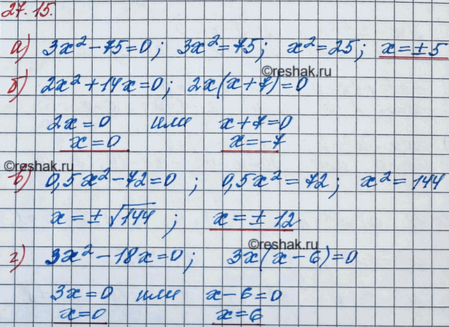 ����������� 24.15. ��������, ���:�) ����� 5 � -5 �������� ������� ��������� 3x2 - 75 = 0;�) ����� 0 � -7 �������� ������� ��������� 2x2 + 14x = 0;�) ����� 12 � -12 ��������...