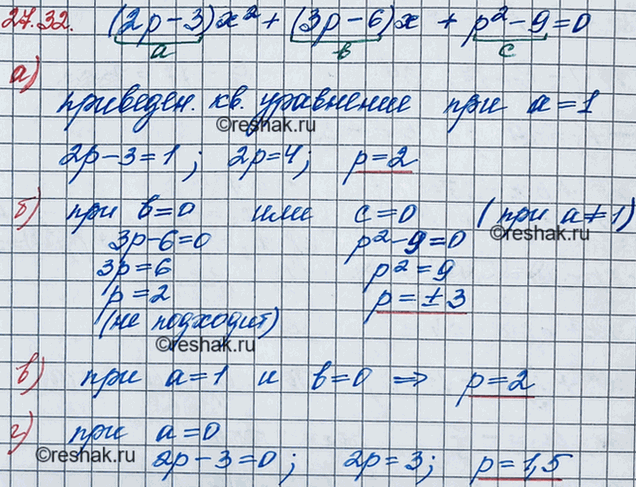 Изображение 24.32. При каких значениях параметра р уравнение (2р - 3)х2 + (3р - 6)х + р2 - 9 = 0 является:  а)...