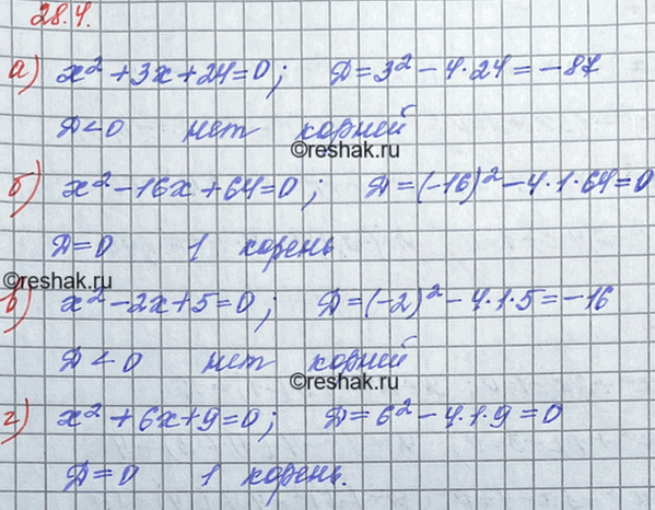 ����������� 25.4. �) �2 + 3� + 24 = 0;	�) �2 - 16� + 64 = 0;	�) �2 -	2� + 5 = 0;�) �2 +	6� + 9 =...