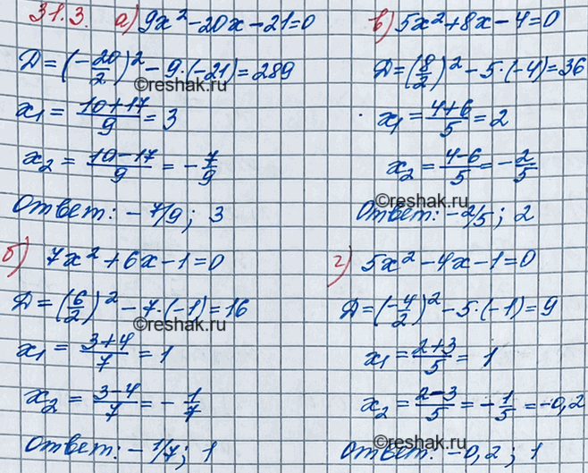 ����������� 28.3. �) 9�2 - 20� - 21 = 0;�) 7�2 + 6� - 1 = 0;�) 5�2 + 8� - 4 = 0;�) 5�2 - 4� - 1 =...