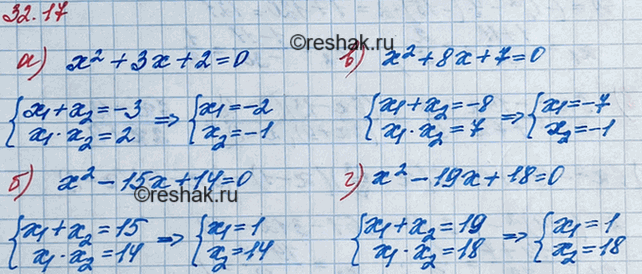 ����������� �� ��������� ������� ������, ������� ����� ����������� ���������:29.6. �) x2 + 3x + 2 = 0;	�) x2 -	15x + 14 = 0;	�) x2 +	8x + 7 = 0;�) x2 -	19x + 18 =...