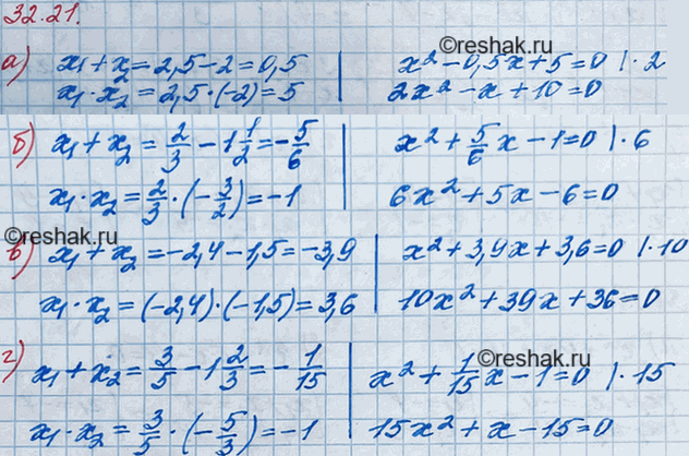 ����������� 29.10. ��������� ���������� ���������, ������� �������� �������� �����:�) x1=2,5; x2=-2;�) x1=2/3; x2=-1*1/2;�) x1=-2,4; x2=-1,5;�) x1=3/5;...