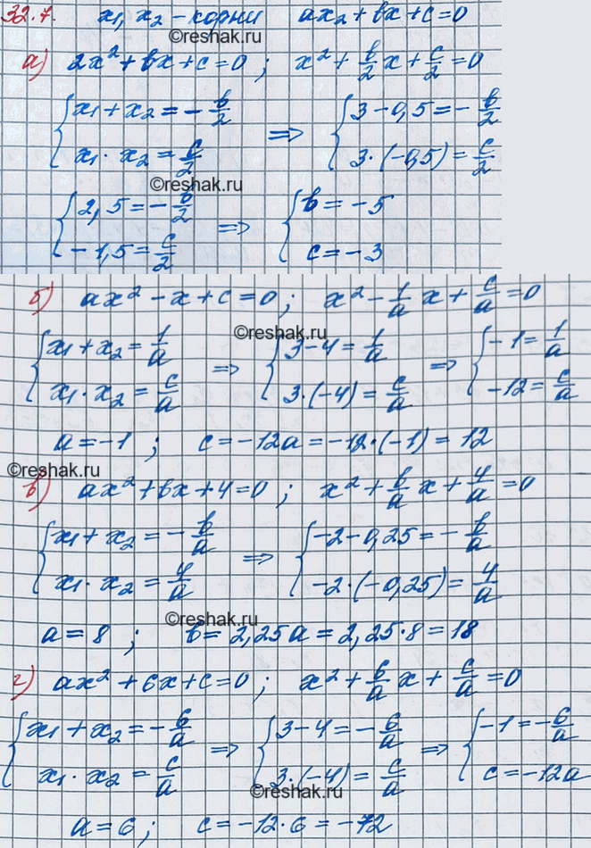 ����������� 29.12. ����� �1 � �2 � ����� ����������� ��������� ��2 + b� + � = 0. �������:�) b � �, ���� � = 2, �1 = 3, �2 = -0,5;�) � � �, ���� b - -1, �1 = 3, �2 = -4;�) � �...